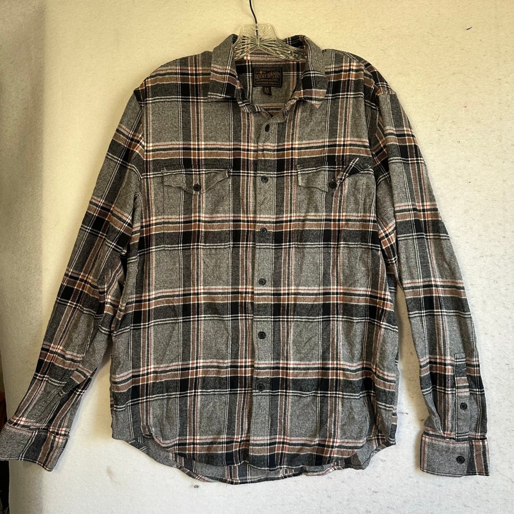 Lucky Brand Mens Saturday Stretch Plaid Flannel Shirt Grey Brown Large L